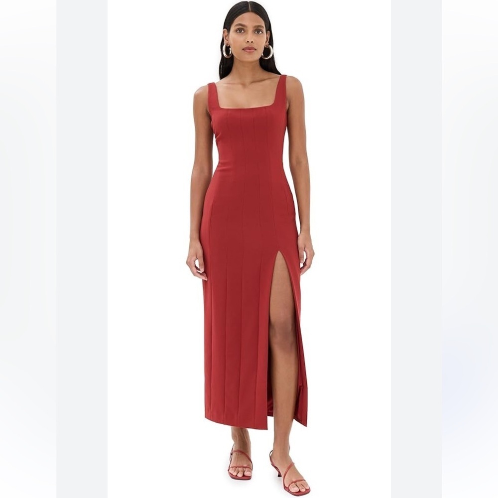 STAUD Portrait Dress Rouge Red Square Neck Midi Length Slit Sleeveless Size 6